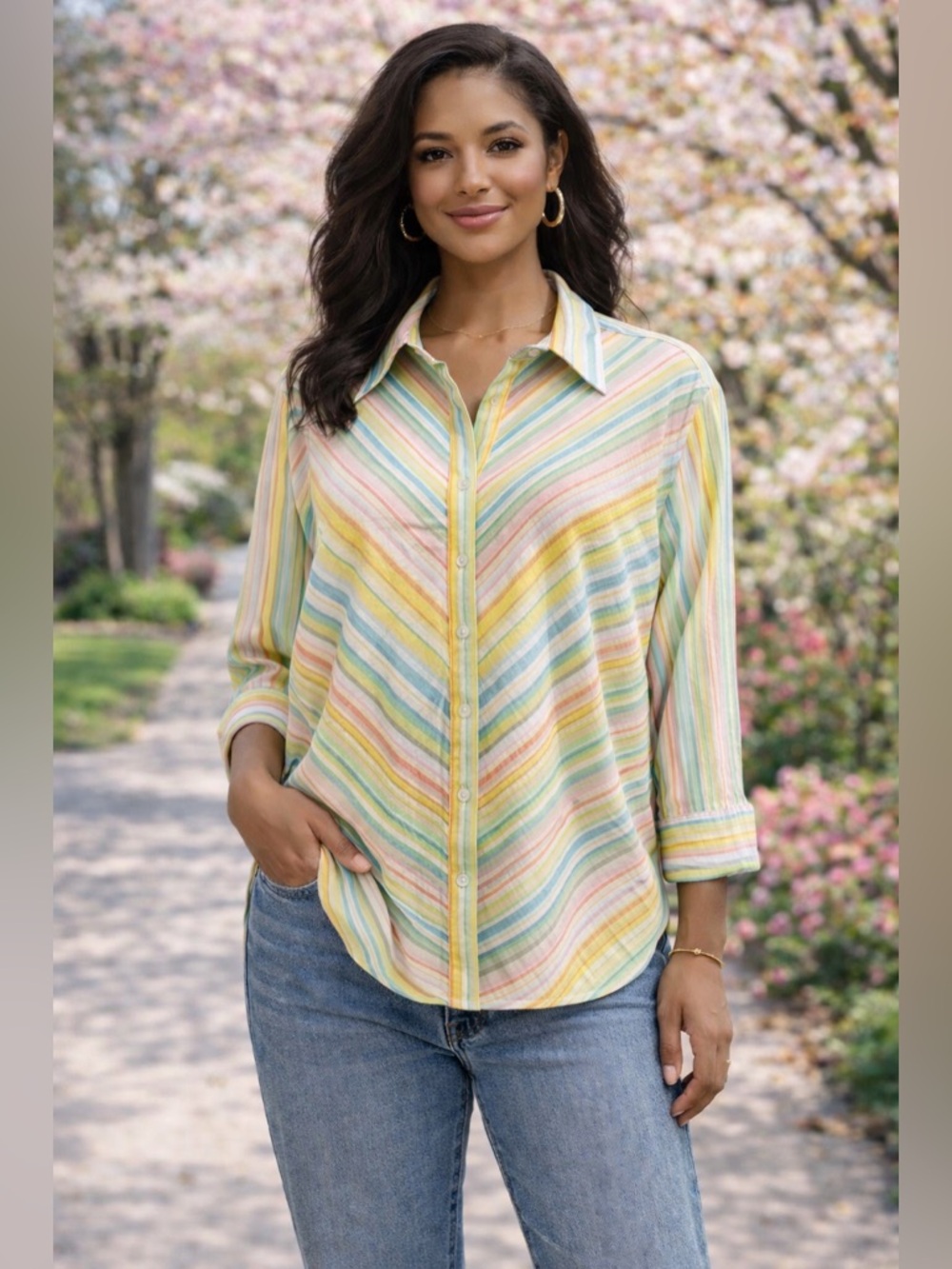 Robert Louis-Vintage Women’s Striped Multicolor 3/4 Sleeve ButtonUp Size XL